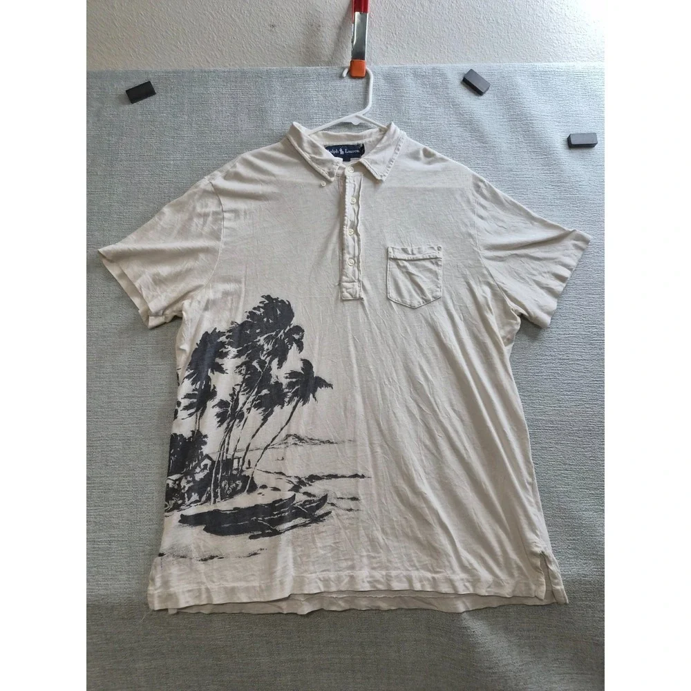 Ralph Lauren Polo Shirt Mens XL Beige Palm Tree Island Print Cotton Golf Tennis
